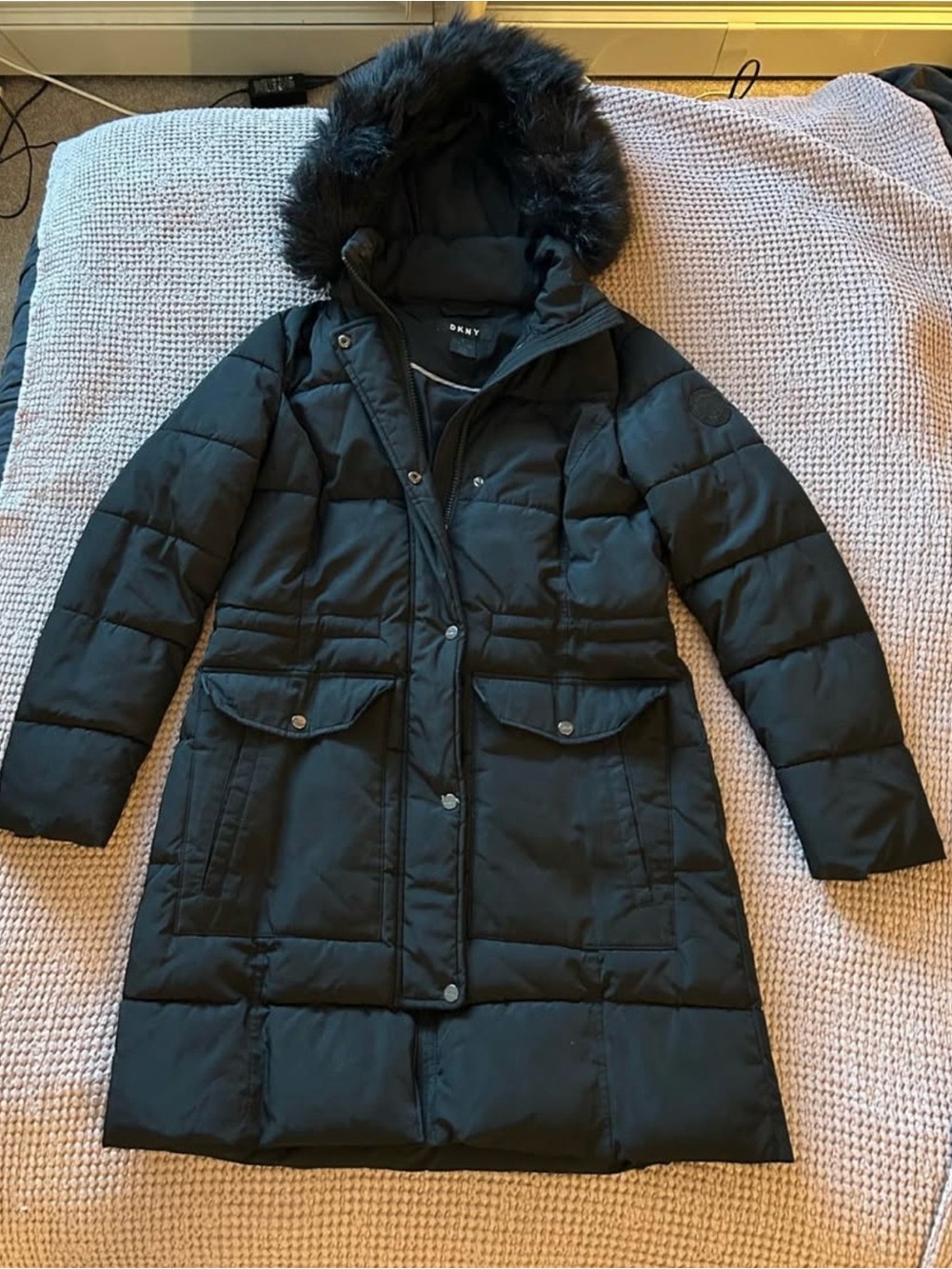 DKNY Faux Fur Trim Hooded Long Puffer Coat